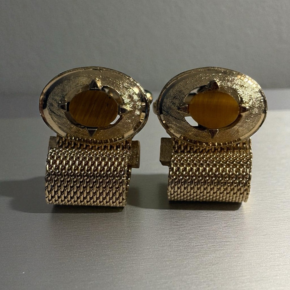 Dante Tiger's Eye Wrap Around Mesh Cufflinks Brown Stone Gold Tone Vintage Oval